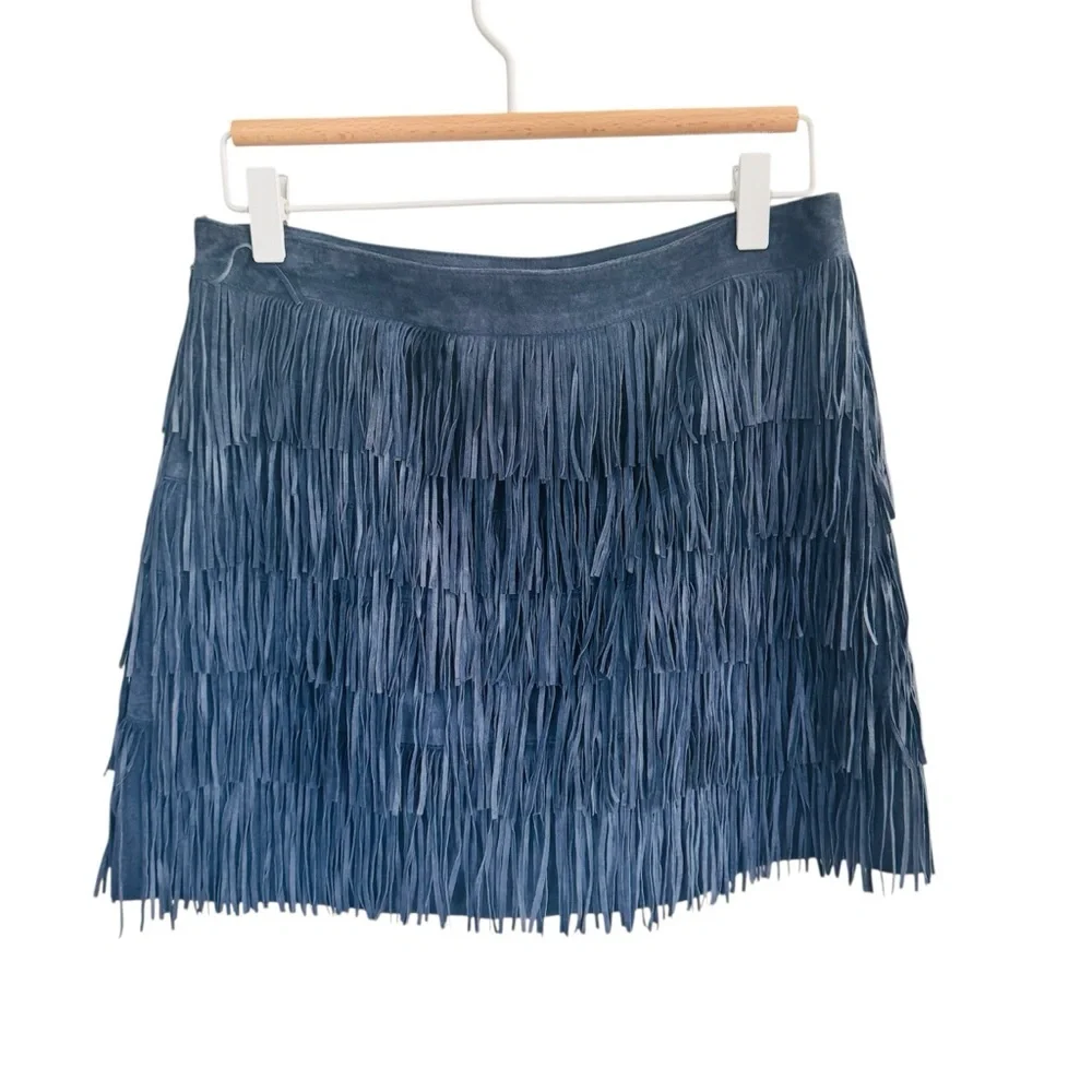 Michael Kors navy blue genuine leather Fringe Skirt EUC